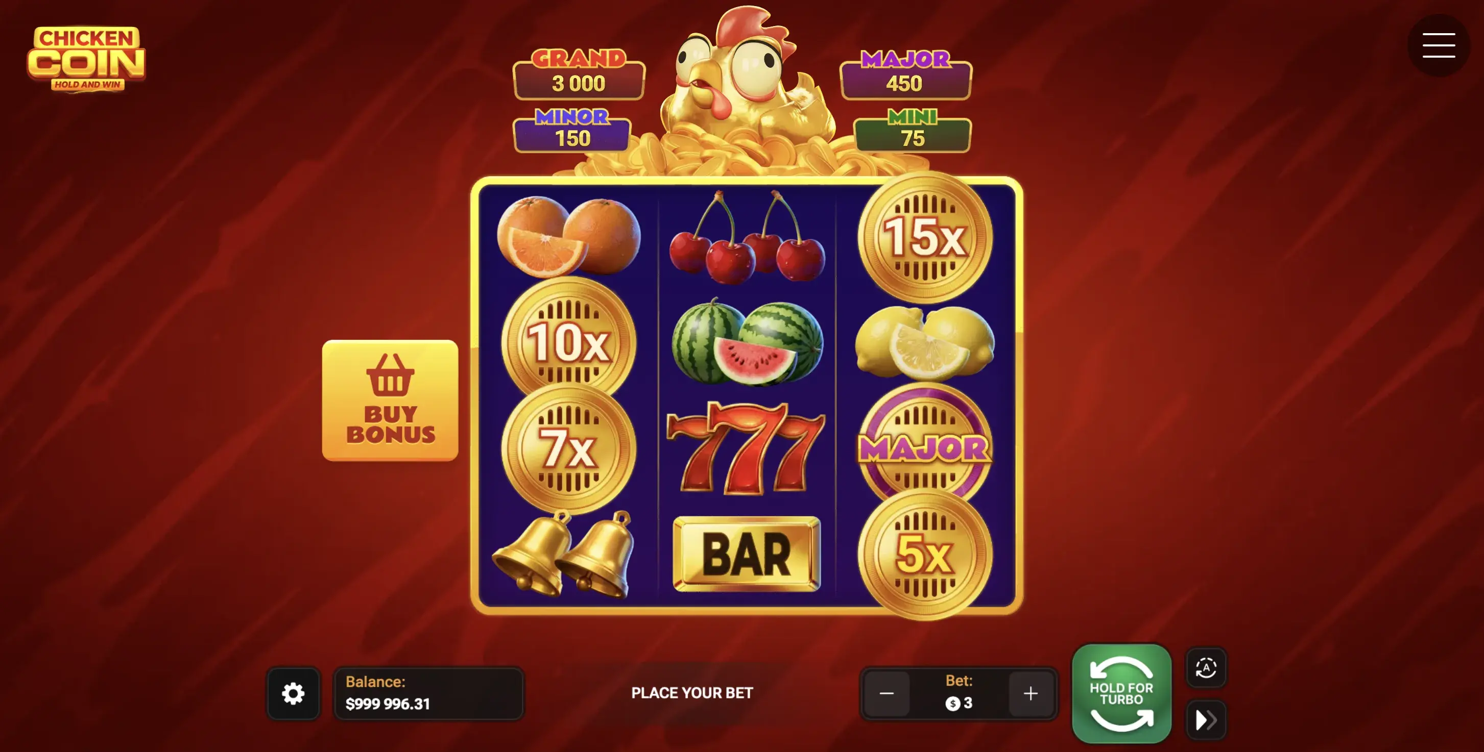 Chicken Coin Slot Gameplay — 3x3 grid with fruits, 777, BAR, and golden coin multipliers