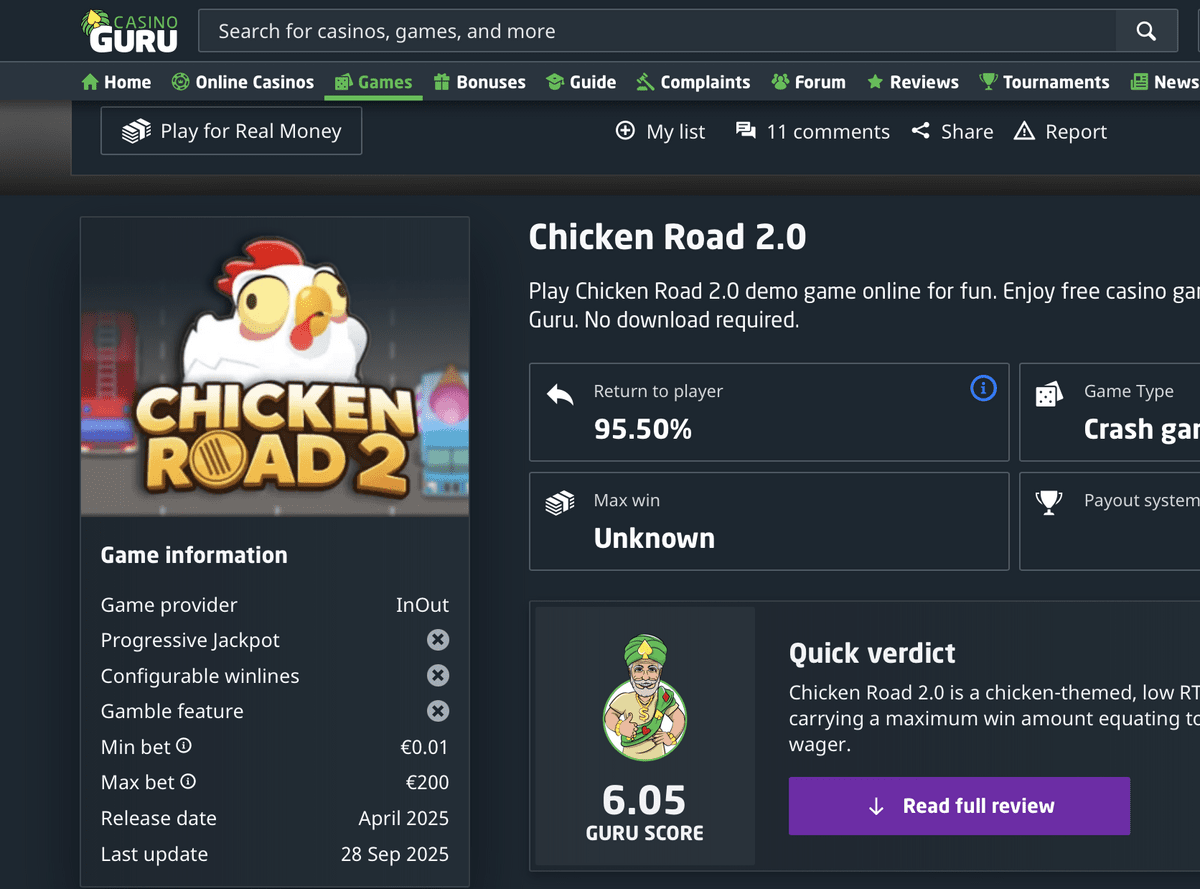 Casino Guru Chicken Road 2 Review — Guru Score 6.05 Chicken Road 2 rating on Casino Guru — Guru Score 6.05 with RTP 95.5%, min bet 0.01 Euro, and max bet 200 Euro as a crash game by InOut Games