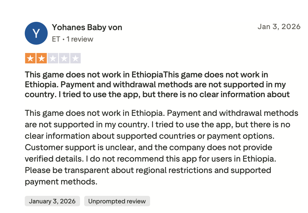 Trustpilot Review Yohanes Baby von — Regional Restrictions Chicken Road 2 review by Yohanes Baby von on Trustpilot — 2-star review from January 3, 2026 about regional restrictions and missing payment methods in Ethiopia
