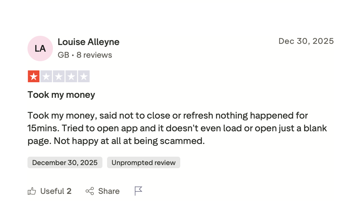 Trustpilot Review Louise Alleyne — Took my money Chicken Road 2 review by Louise Alleyne from the UK on Trustpilot — 1-star review from December 30, 2025 titled Took my money about withdrawal and app issues