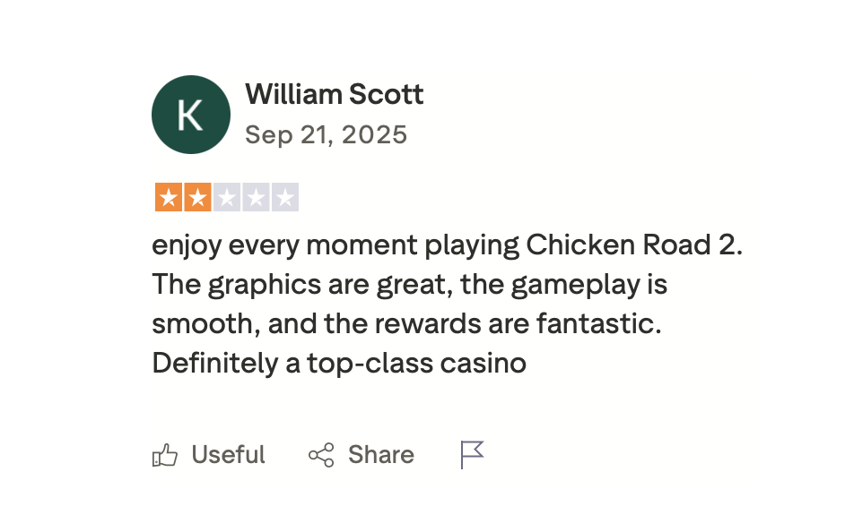 Trustpilot Review by William Scott — Chicken Road 2 Chicken Road 2 review by William Scott on Trustpilot — positive 2-star review from September 21, 2025 about the Chicken Road 2 slot