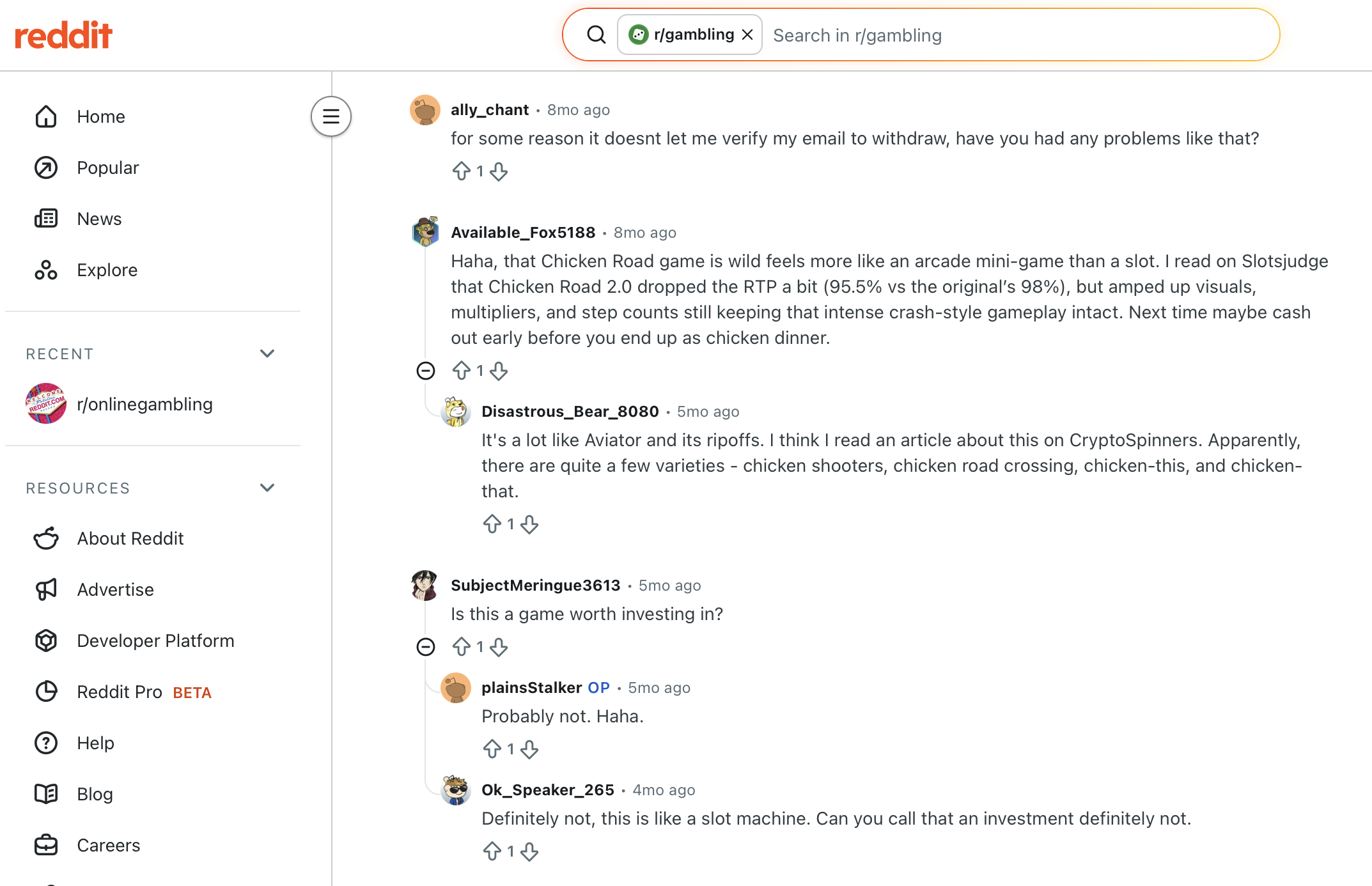 Chicken Road 2 Reddit discussion — original screenshot Chicken Road 2 reviews on Reddit r/gambling — original comments from Available_Fox5188, Disastrous_Bear_8080, and Ok_Speaker_265 about the Chicken Road 2 slot