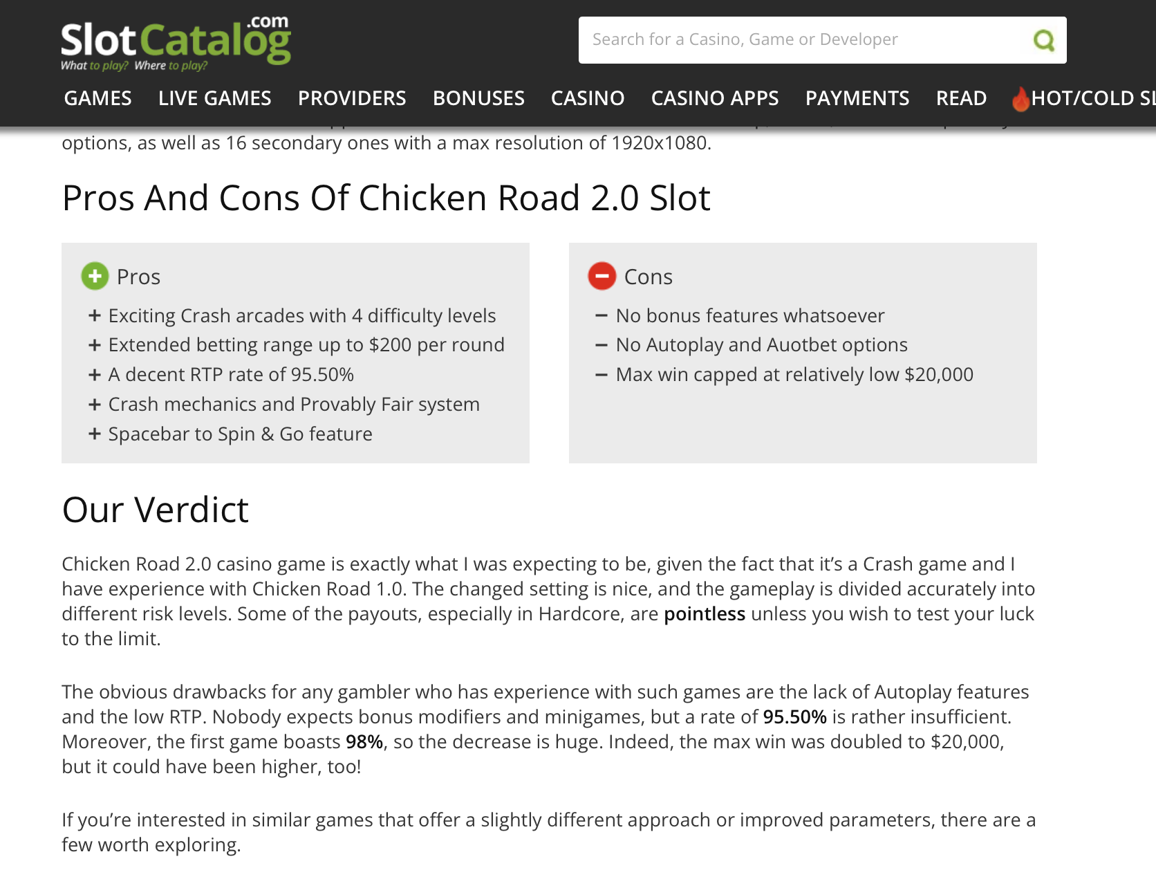 SlotCatalog Chicken Road 2 Review — Pros & Cons Analysis Chicken Road 2 review on SlotCatalog — pros and cons with 95.5% RTP, four difficulty levels, spacebar feature, but no autoplay and no bonus features