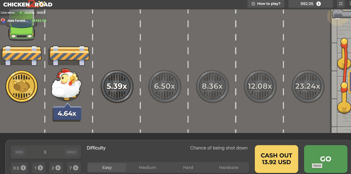 Chicken Road 2 Slot Main View Chicken Road 2 Slot main screen showing the road, multipliers and Bet Panel