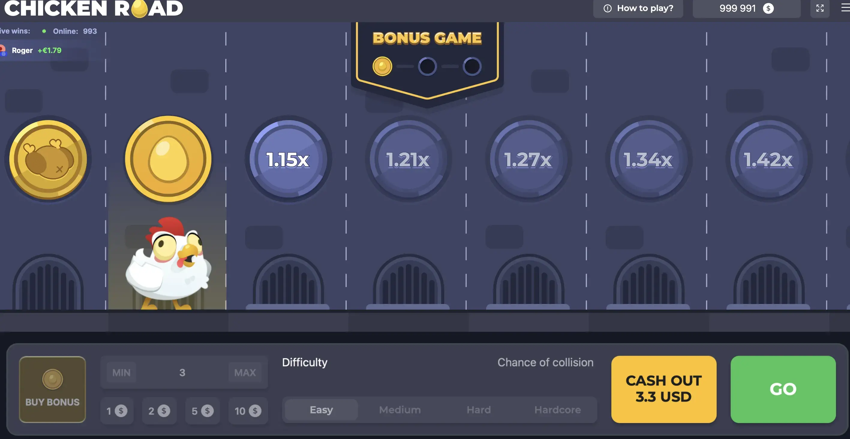 Chicken Road Bonus Gameplay — chicken dodging fire, multipliers rising, Bonus Game counter displayed at the top