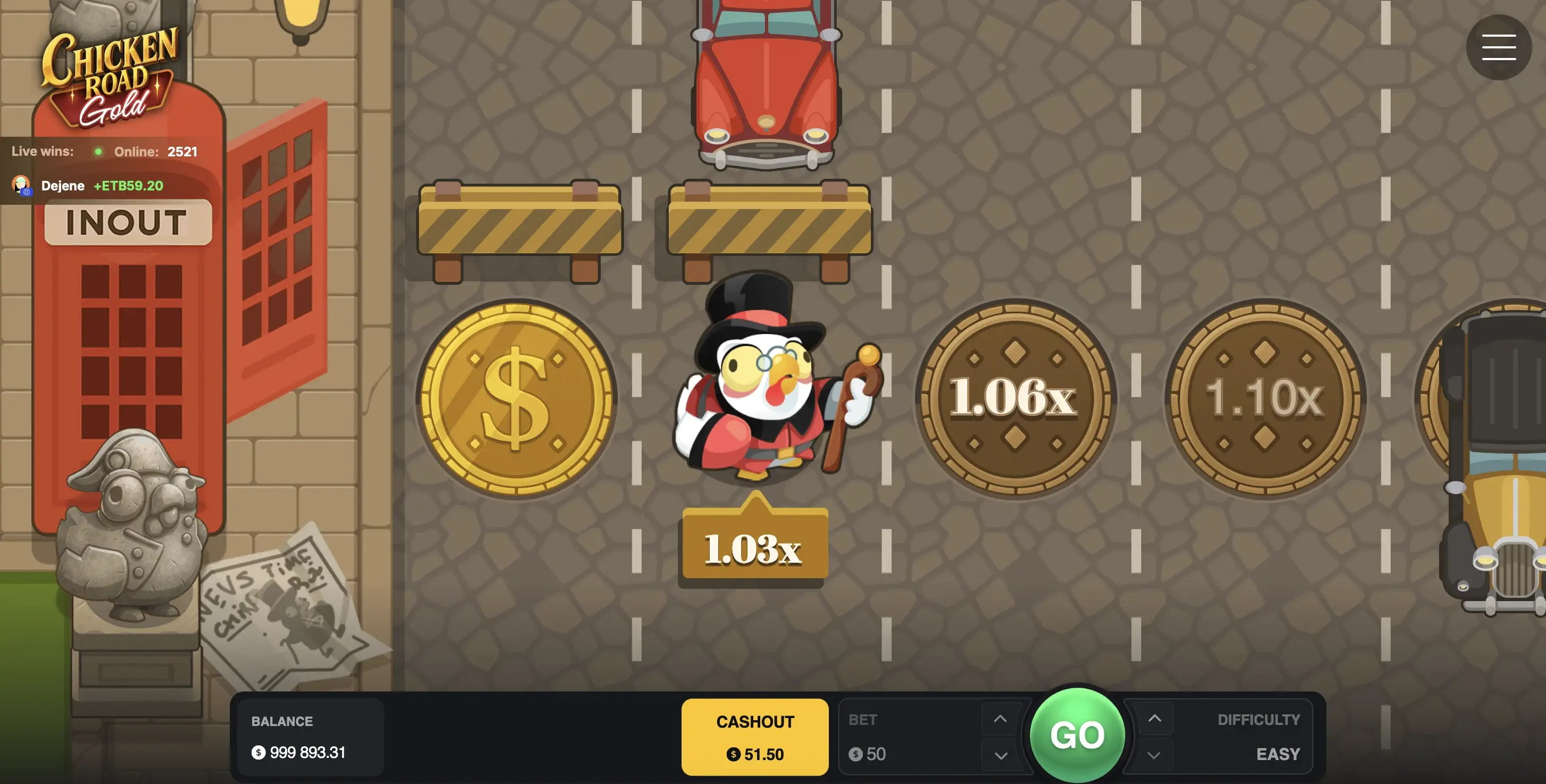 Chicken Road Gold Gameplay — Gentleman Chicken with top hat and cane on a cobblestone street, vintage cars as obstacles