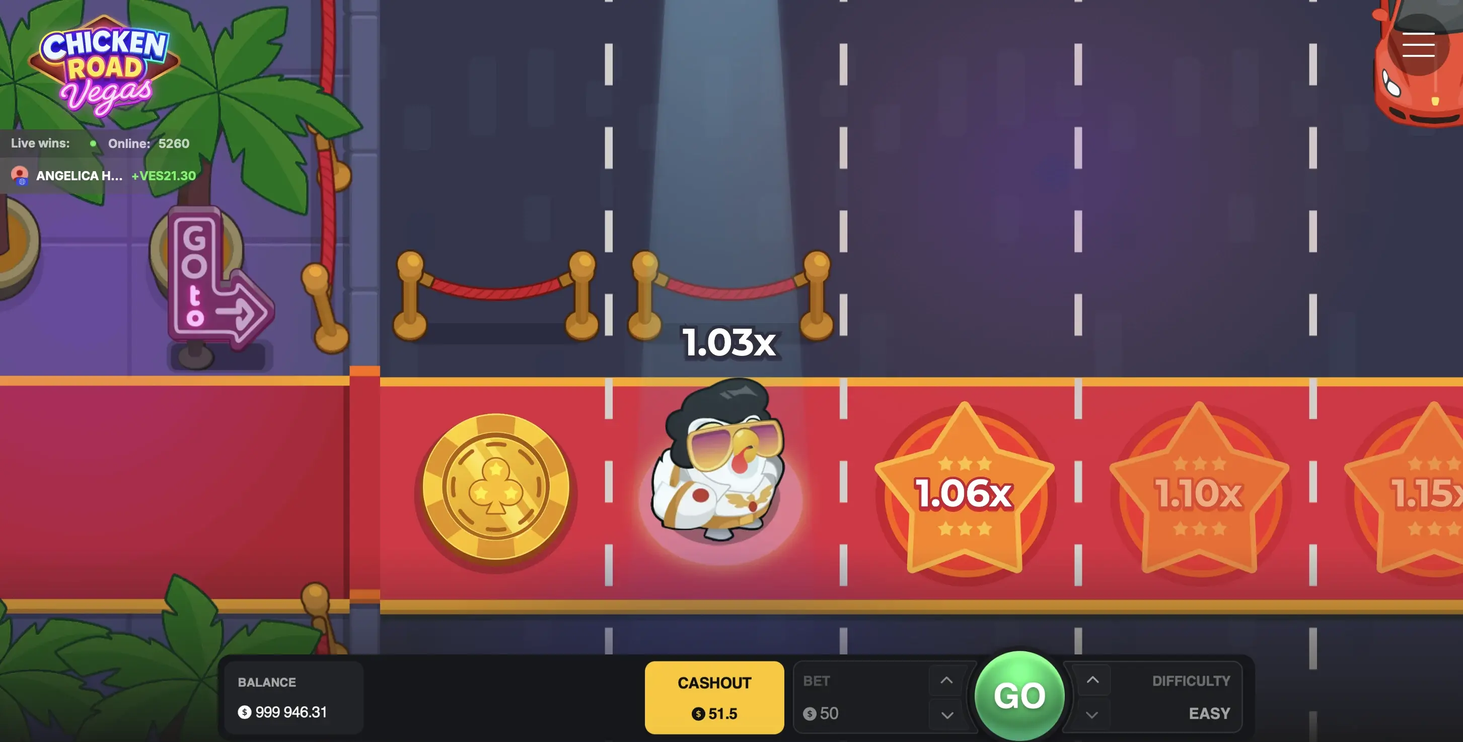 Chicken Road Vegas Gameplay — Elvis chicken on the red carpet, multipliers as stars, Vegas Boulevard
